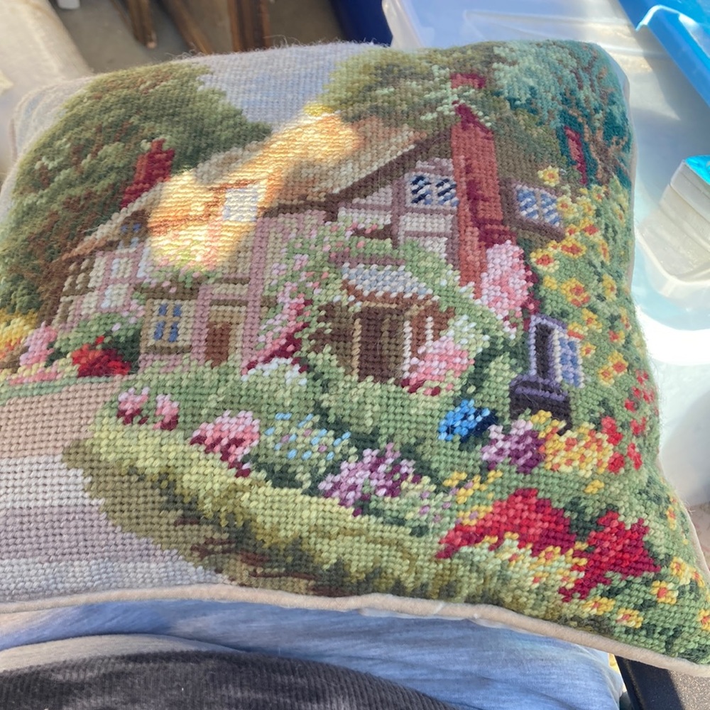 Hand embroidered pillow cottage scene
